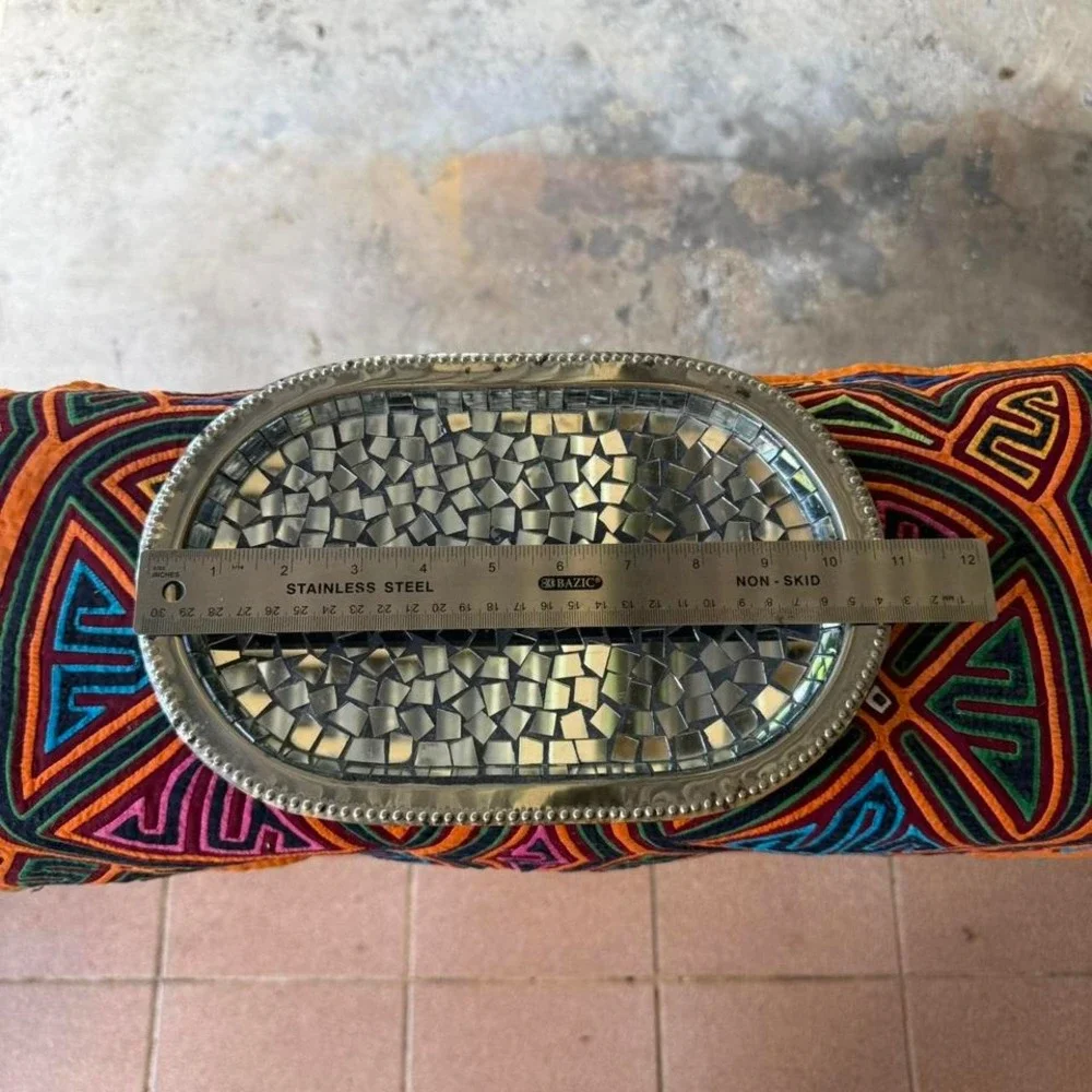 Oval Mirror Mosaic Tray Silver Tone Glass Metal Decor Serving‎ 11